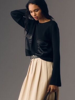 Anthropologie || Satin Pocket Pullover Sweater Knit Black XXS